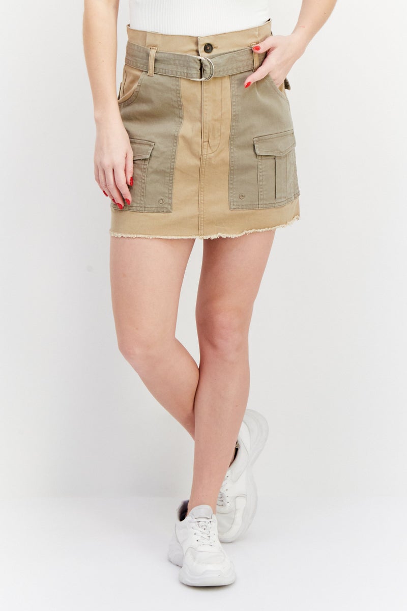 FRAME Women Two Tone Belted Mini Skirt Beige - Image 1