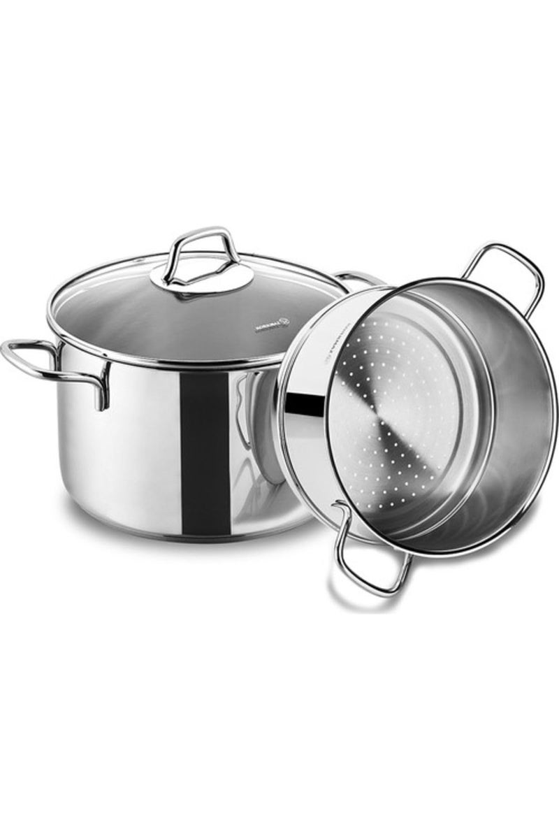 Korkmaz Perla Stainless Steel Steamer Cooking Pot Cooker Double Boiler Stack Insert with Glass Lid, 4-Quart, a1521 - Image 1