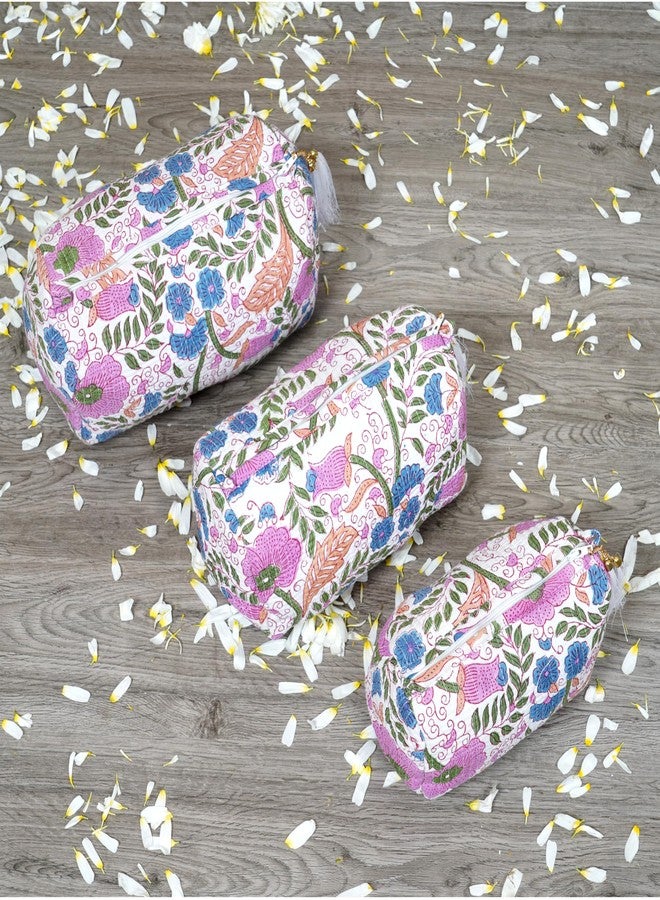 INDACORIFY Set of 3 Pieces Indian Cotton Floral Hand Block Print Toiletry Bag, Travel bag, Make up Pouch, Quilted Wash Bag, Shaving Kit, Vanity Case - Image 5