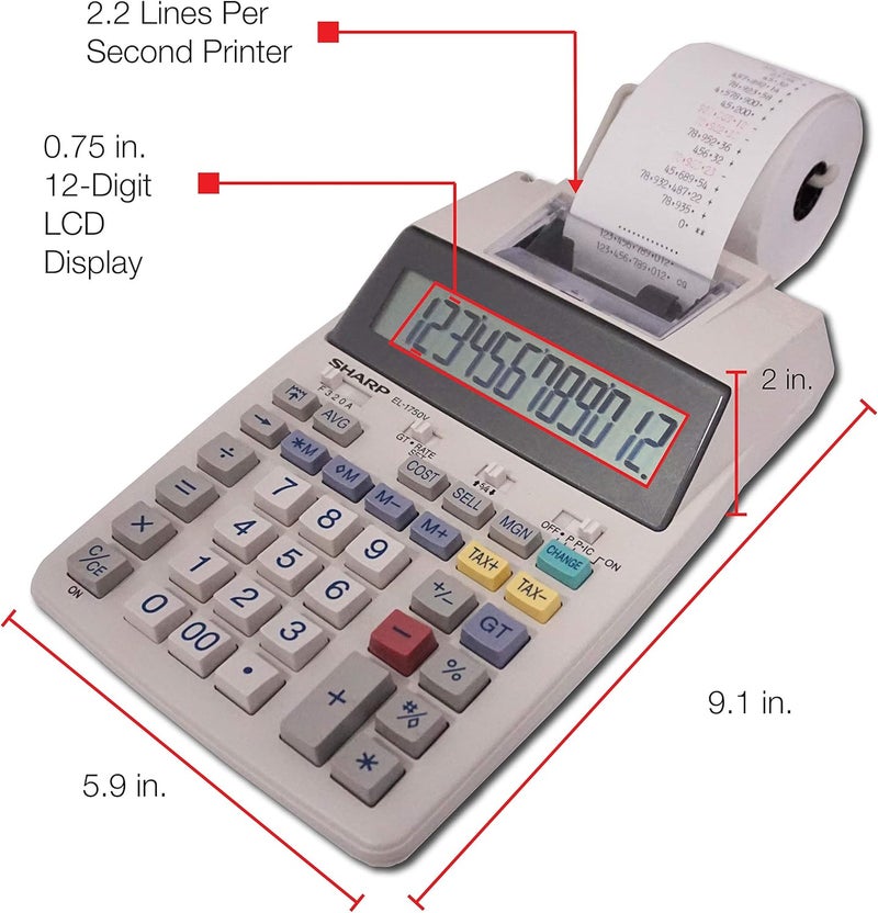 SHARP آلة حاسبة مكتبية طابعة 12 رقم El-1750V، بيضاء - Image 4