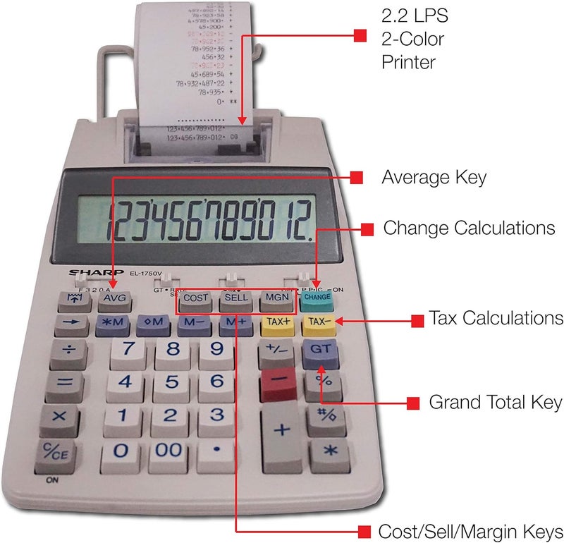 SHARP آلة حاسبة مكتبية طابعة 12 رقم El-1750V، بيضاء - Image 3