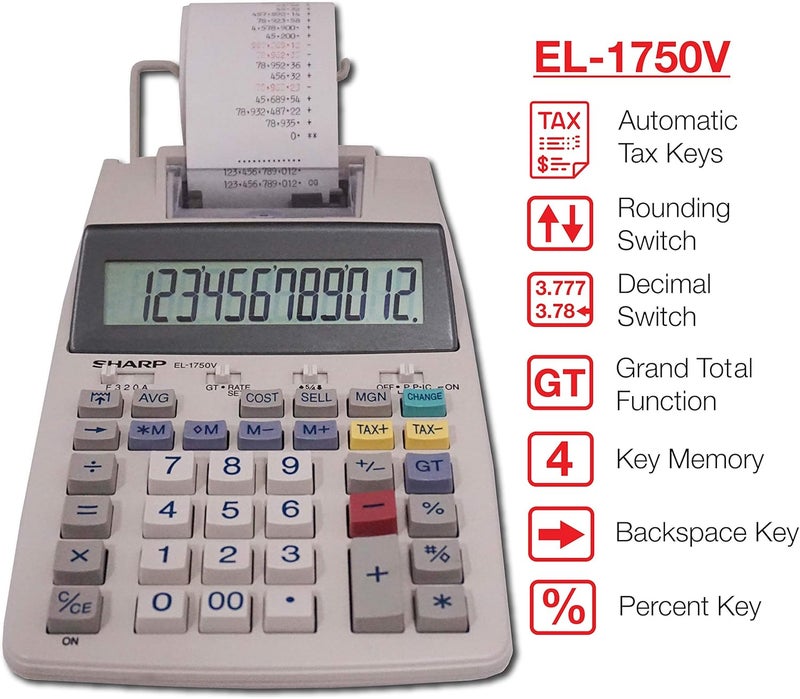 SHARP آلة حاسبة مكتبية طابعة 12 رقم El-1750V، بيضاء - Image 2