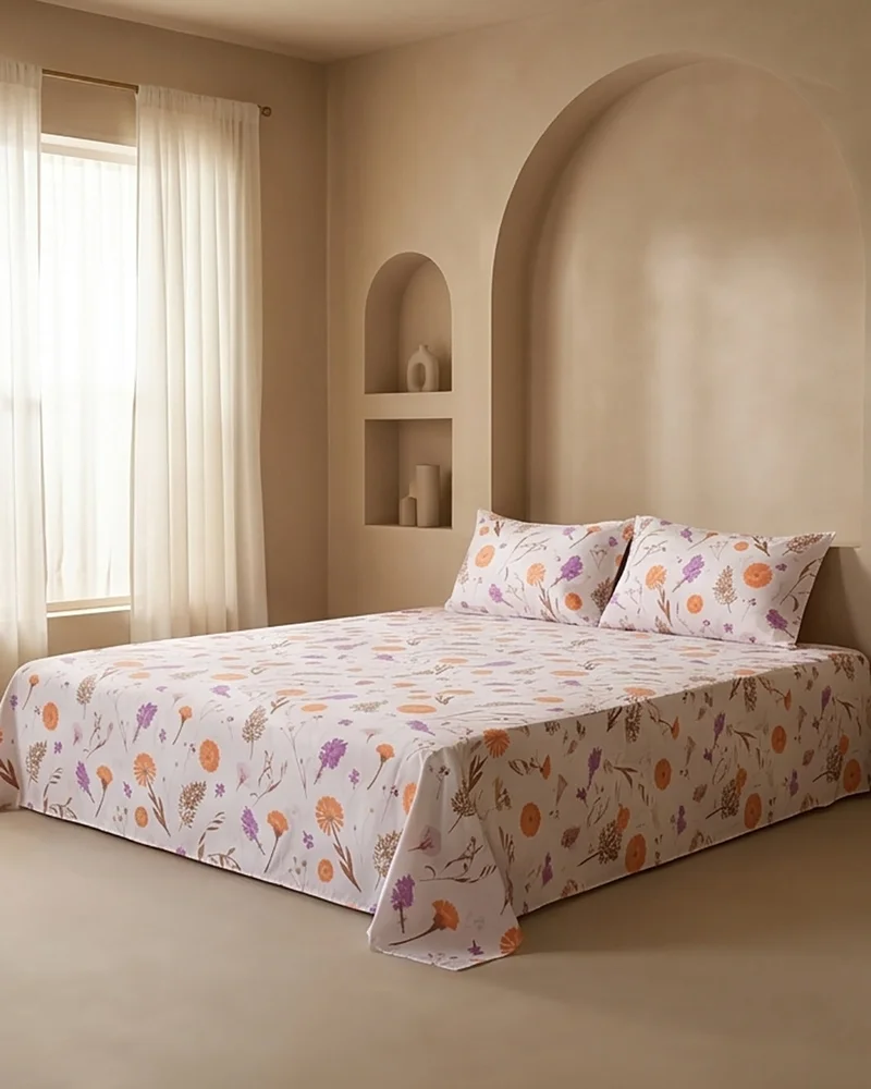 REDTAG Ivory Floral Printed Flat Sheet (270 x 260 cm)
