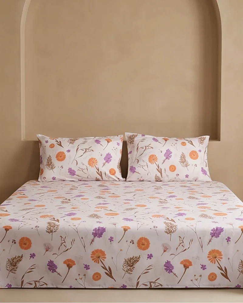 REDTAG Ivory Floral Printed Flat Sheet (270 x 260 cm)