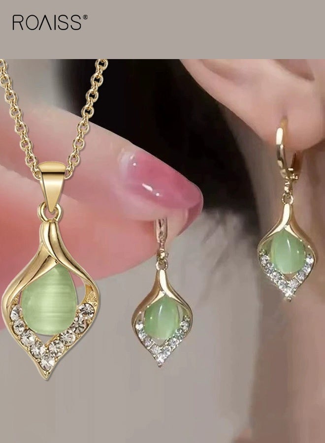 رويس طقم مجوهرات نسائي خفيف الوزن فاخر مكون من قطعتين، أقراط مرصعة بالألماس الأخضر اللامع على شكل عين القطة وقلادة مصنوعة بتفاصيل راقية أنيقة وخفيفة الوزن مناسبة للهدايا - Image 1