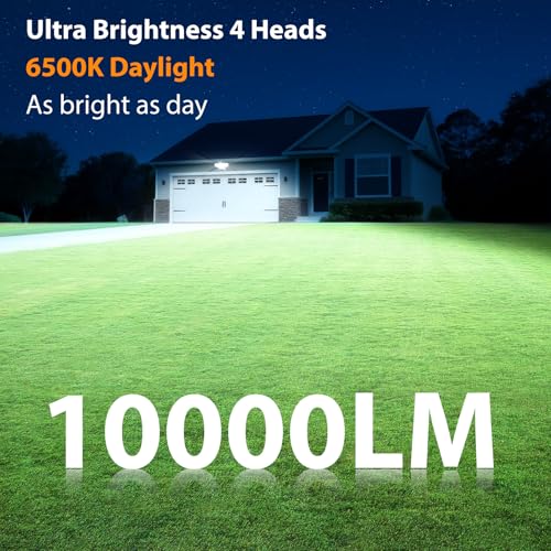 Abovizo 90W Flood Lights Outdoor, 10000LM Dusk to Dawn Outdoor Lighting, IP65 Waterproof, 6500K Daylight, 4 Heads LED Security Light for Garage, Yard, Porch (Black) - Image 3