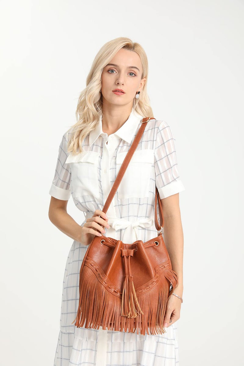 Gladdon Leather Bucket Bags for Women Crossbody Fringe Purses with Drawstring Ladies Tassel Hobo and Shoulder Handbags Brown - Image 2