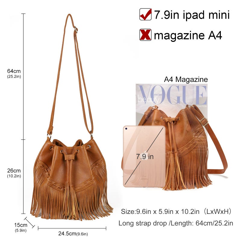 Gladdon Leather Bucket Bags for Women Crossbody Fringe Purses with Drawstring Ladies Tassel Hobo and Shoulder Handbags Brown - Image 3
