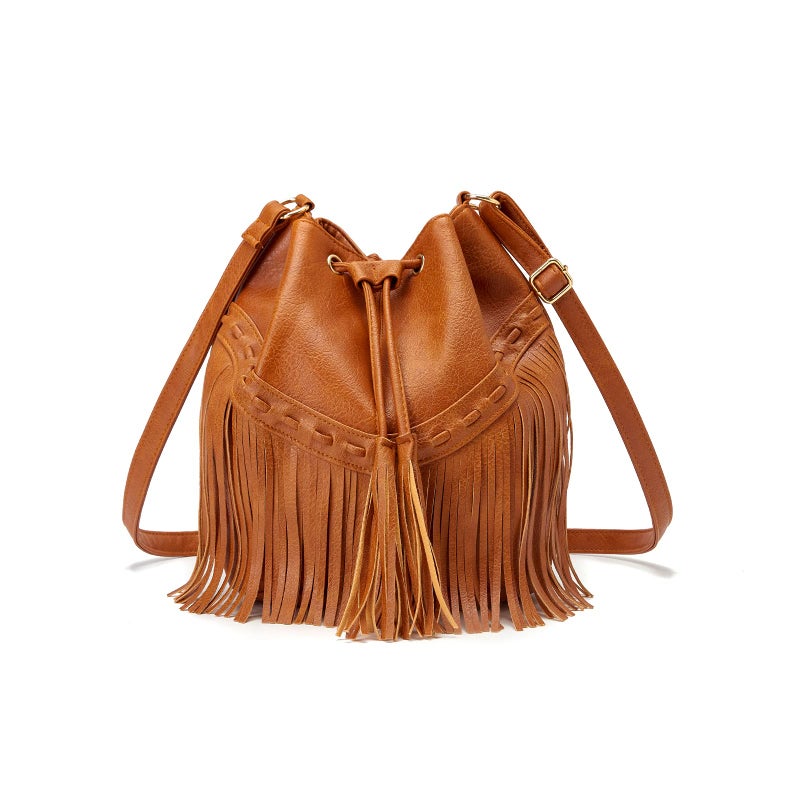 Gladdon Leather Bucket Bags for Women Crossbody Fringe Purses with Drawstring Ladies Tassel Hobo and Shoulder Handbags Brown - Image 1