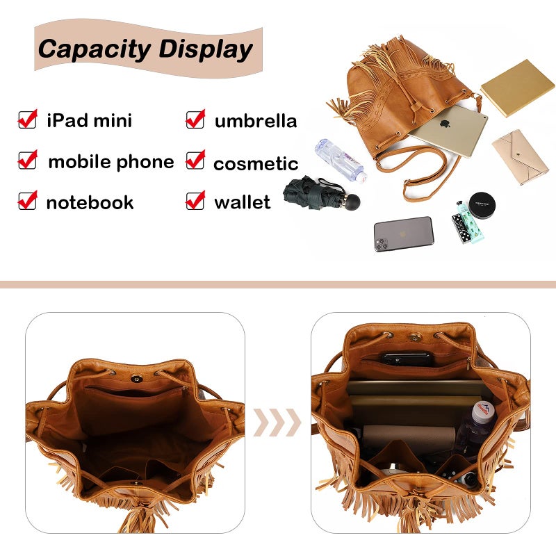 Gladdon Leather Bucket Bags for Women Crossbody Fringe Purses with Drawstring Ladies Tassel Hobo and Shoulder Handbags Brown - Image 4
