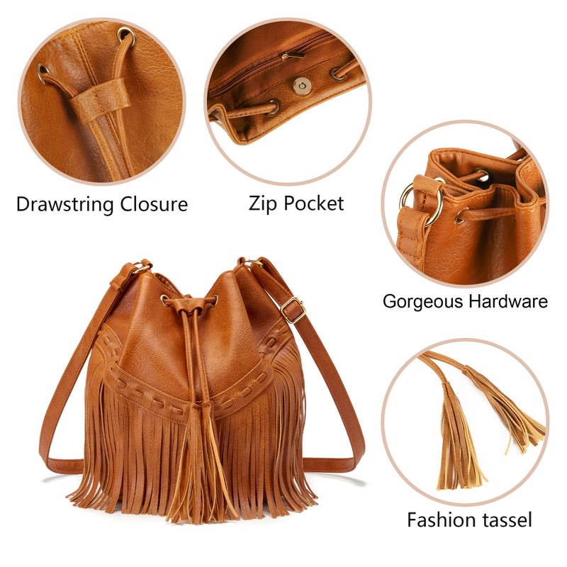 Gladdon Leather Bucket Bags for Women Crossbody Fringe Purses with Drawstring Ladies Tassel Hobo and Shoulder Handbags Brown - Image 5