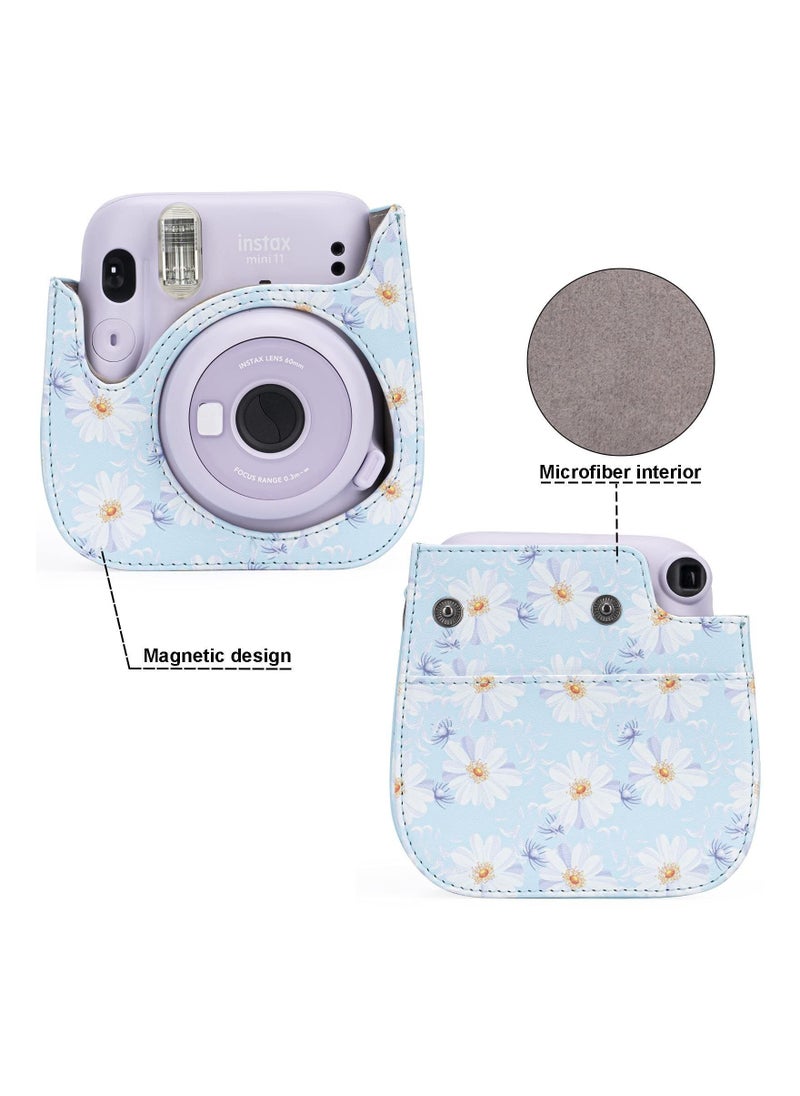 Y&D - Protective & Portable Case Compatible with fujifilm instax Mini 11/ 9/ 8/ 8+ Instant Film Camera Accessory Pocket and Adjustable Strap (Flowers Light Blue) - Image 1