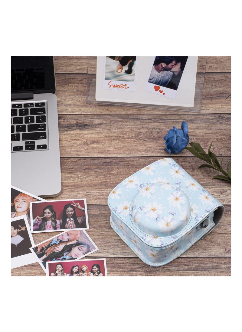 Y&D - Protective & Portable Case Compatible with fujifilm instax Mini 11/ 9/ 8/ 8+ Instant Film Camera Accessory Pocket and Adjustable Strap (Flowers Light Blue) - Image 1