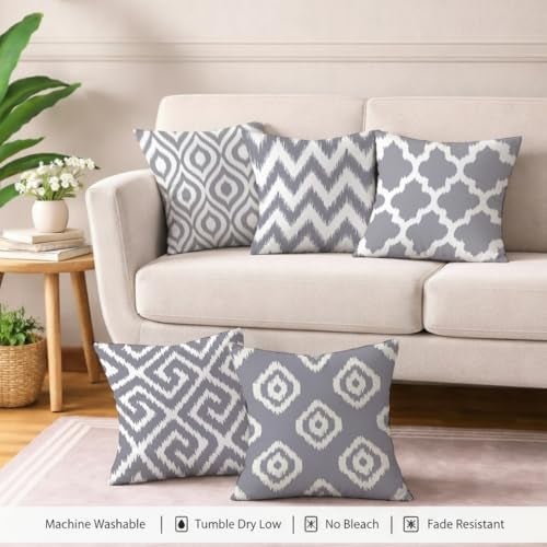 STITCHNEST Set of 5 Polycotton Cushion Covers – 24x24 Inches – Grey & White Ikat Geometric Print – Elegant Cushion Covers for Sofa & Living Room | Perfect for Home Decor - Image 5