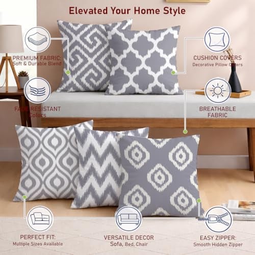 STITCHNEST Set of 5 Polycotton Cushion Covers – 24x24 Inches – Grey & White Ikat Geometric Print – Elegant Cushion Covers for Sofa & Living Room | Perfect for Home Decor - Image 4