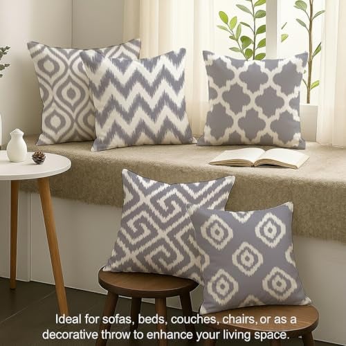 STITCHNEST Set of 5 Polycotton Cushion Covers – 24x24 Inches – Grey & White Ikat Geometric Print – Elegant Cushion Covers for Sofa & Living Room | Perfect for Home Decor - Image 3