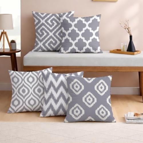 STITCHNEST Set of 5 Polycotton Cushion Covers – 24x24 Inches – Grey & White Ikat Geometric Print – Elegant Cushion Covers for Sofa & Living Room | Perfect for Home Decor - Image 1