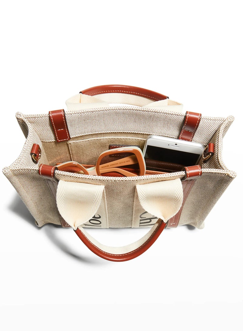 Chloe Woody Small Women Tote Bag in Linen, Women Shoulder Bag, Women Hand Bag, Women's Travel Bag, Women's Shopping Bag, White-Brown - Image 5