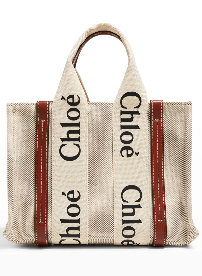 Chloe Woody Small Women Tote Bag in Linen, Women Shoulder Bag, Women Hand Bag, Women's Travel Bag, Women's Shopping Bag, White-Brown - Image 1