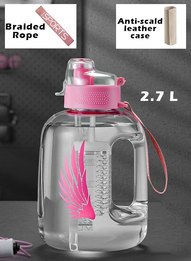 ZCM-HAPPY Large Capacity Fitness Sports Water Bottle with Tea Compartment, Straw, Scale and Handle, Includes Free Leather Case and Carrying Rope 2.7 Litter  - Image 1