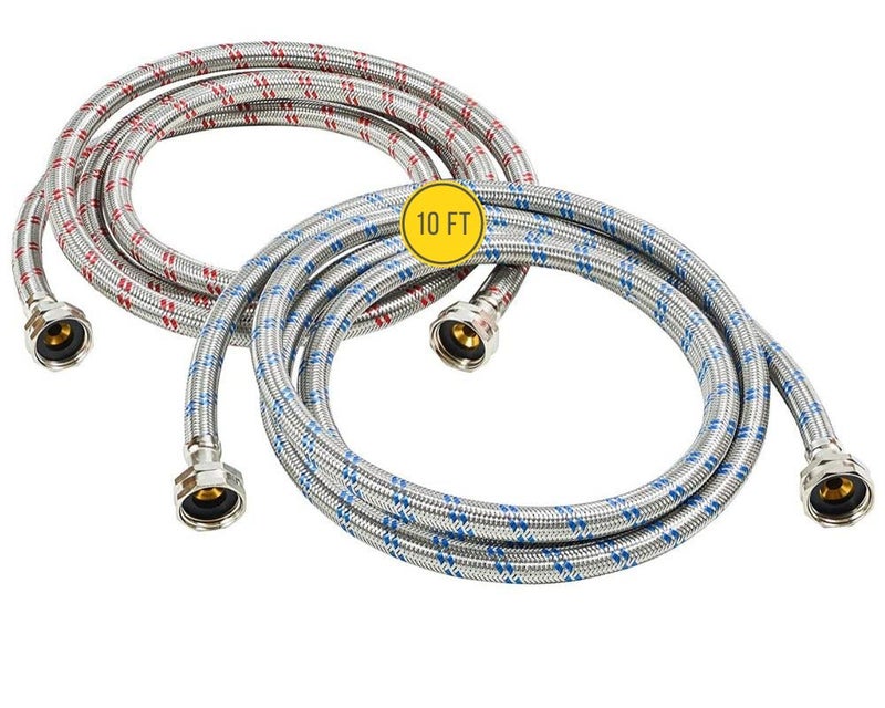 Hippohose Washing Machine Hoses (10Ft) - Oct Connect For Easy & Secure Tightening - Universal Fit To All Wash Machines - (2 Pack) Stainless Steel - Burst Proof Washer Water Supply Line - Image 1
