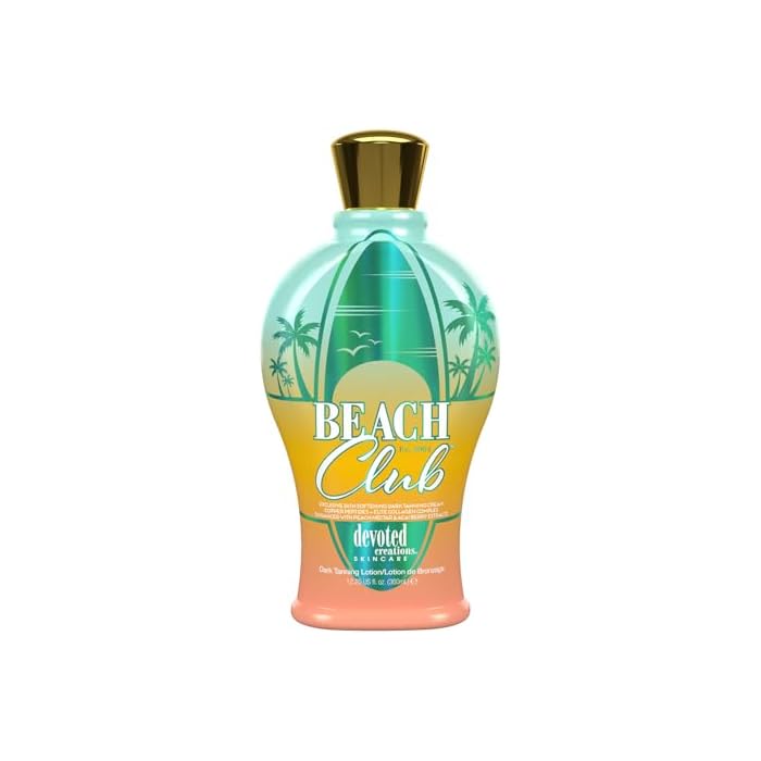 Devoted Creations Beach Club - Exclusive Skin Softening Copper Peptides + Elite Collagen Banking Complex with Peach Nectar & Acai Berry Extracts Indoor/Outdoor Dark Tanning Lotion