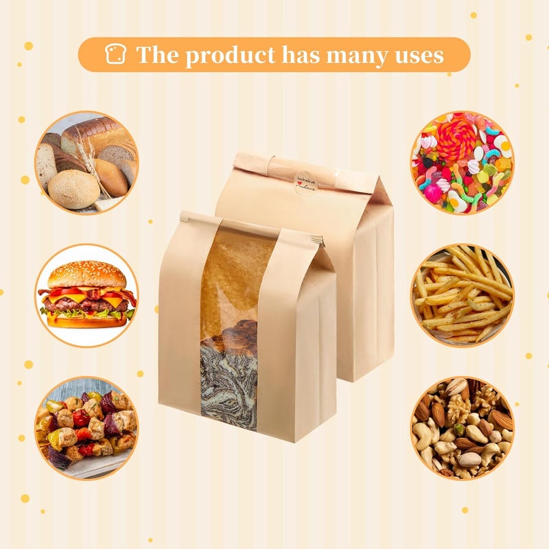 MOPKIUTR 60 Pack Large Kraft Paper Bread Loaf Bag with Tin Tie Tab Lock ，for Homemade Bread Loaf Bags 14" x 8.3" x 3.5"，Sourdough Bread Bags with Clear Front Window for Baked Food Packaging Storage. (60) - Image 5