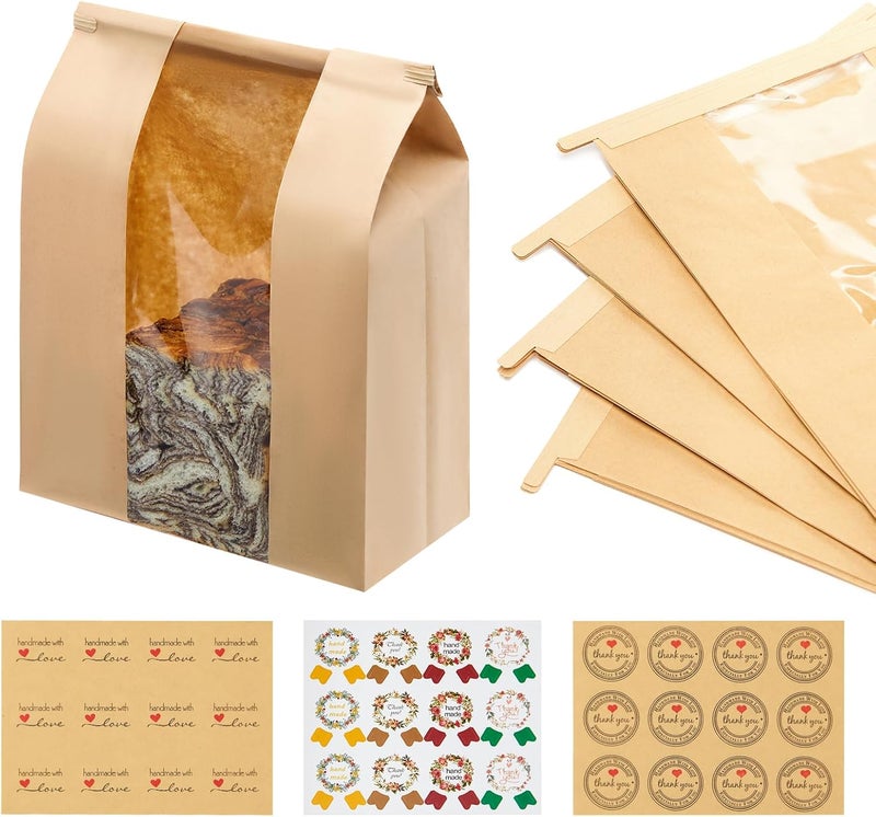 MOPKIUTR 60 Pack Large Kraft Paper Bread Loaf Bag with Tin Tie Tab Lock ，for Homemade Bread Loaf Bags 14" x 8.3" x 3.5"，Sourdough Bread Bags with Clear Front Window for Baked Food Packaging Storage. (60) - Image 1