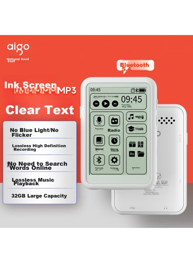 Aigo E-ink Screen Mp3/mp4 Player, Bluetooth 5.4, Lossless Music Portable Player, E-book Reader, English-chinese Dictionary For Students, White 807, 32gb - Image 1