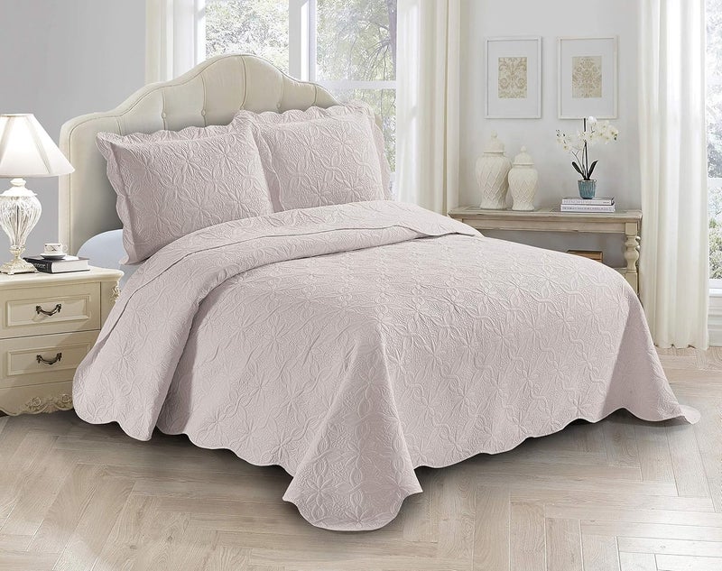 Fancy Linen 3pc Embossed Coverlet Bedspread Set Oversized Bed Cover Solid Floral Daisy Pattern New # Allis (King/California King, Beige) - Image 1