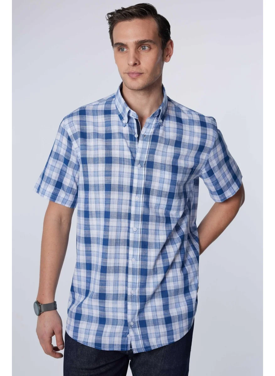 Tudors Classic Fit Short Sleeve Button Collar Single Pocket Checked Summer Linen Effect Men's Shirt