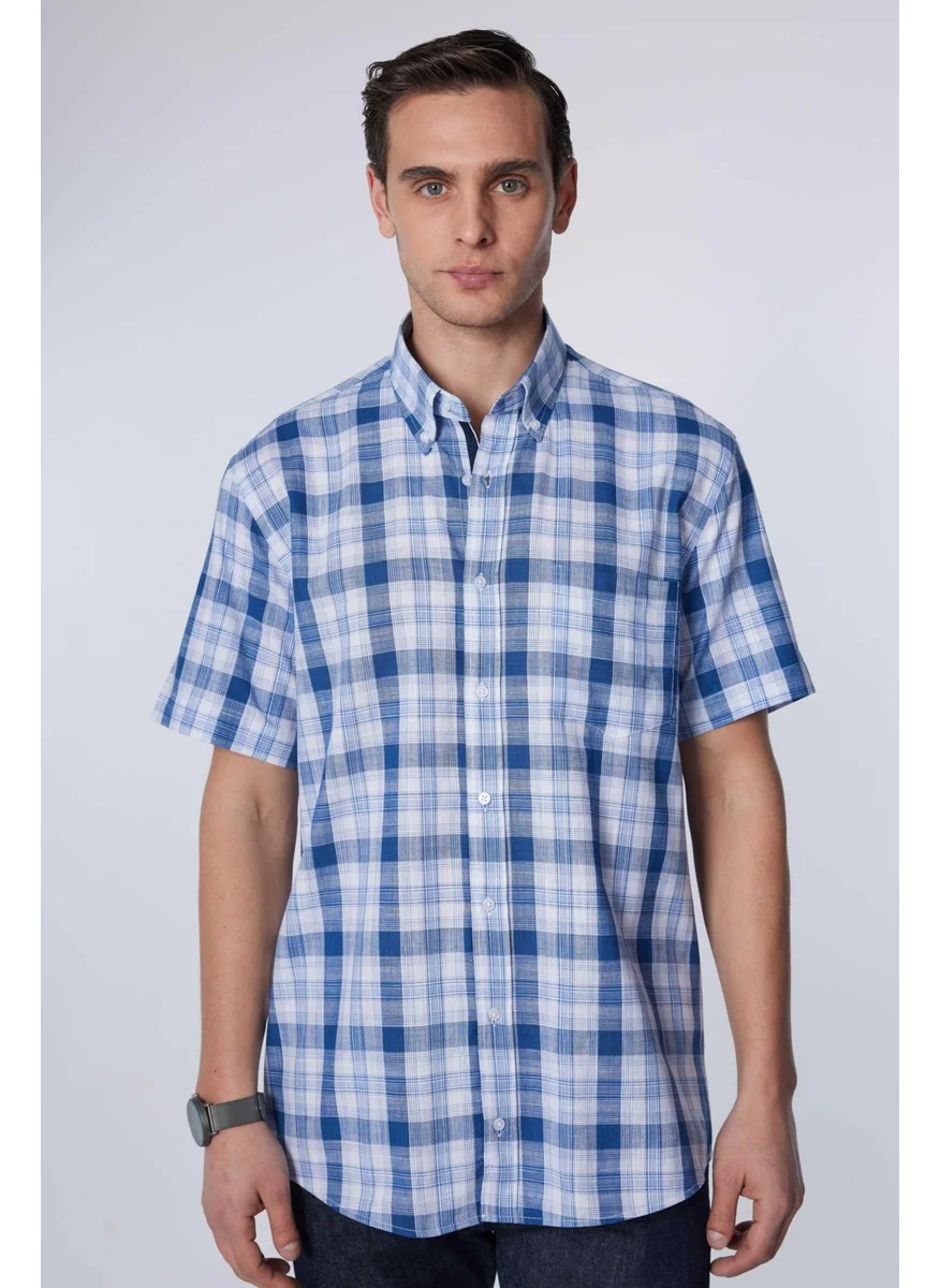 Tudors Classic Fit Short Sleeve Button Collar Single Pocket Checked Summer Linen Effect Men's Shirt