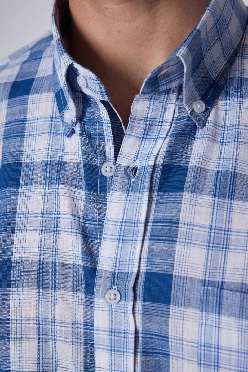 تودورس Classic Fit Short Sleeve Button Collar Single Pocket Checked Summer Linen Effect Men's Shirt