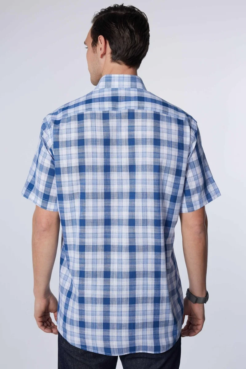 تودورس Classic Fit Short Sleeve Button Collar Single Pocket Checked Summer Linen Effect Men's Shirt