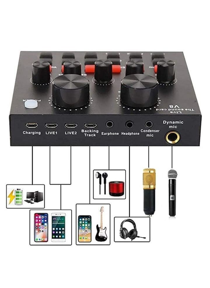 V8 Sound Card With Bm-800 Condenser Microphone Mic Kit with Live Sound Card, Adjustable Mic Suspension Scissor Arm, Metal Shock Mount and Double-Layer