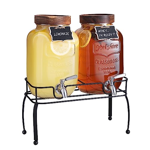 mustry Glass Drink Dispenser for Parties, 1 Gallon Beverage Dispenser with Stand and Spigot Solid Stainless Steel, Used as Lemonade Dispenser Sun Tea Jar Kombucha Jar, Set of 2 - Image 1