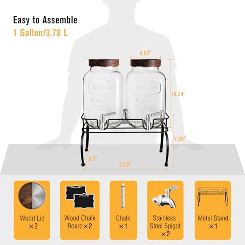 mustry Glass Drink Dispenser for Parties, 1 Gallon Beverage Dispenser with Stand and Spigot Solid Stainless Steel, Used as Lemonade Dispenser Sun Tea Jar Kombucha Jar, Set of 2 - Image 2
