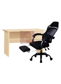 AL WADI FURNITURE Compact Lockable Beech Color Office Table with Relaxing Comfortable Reclining Height and Back Adjustable Ergonomic Mesh Back Office Chair with Footrest Black
