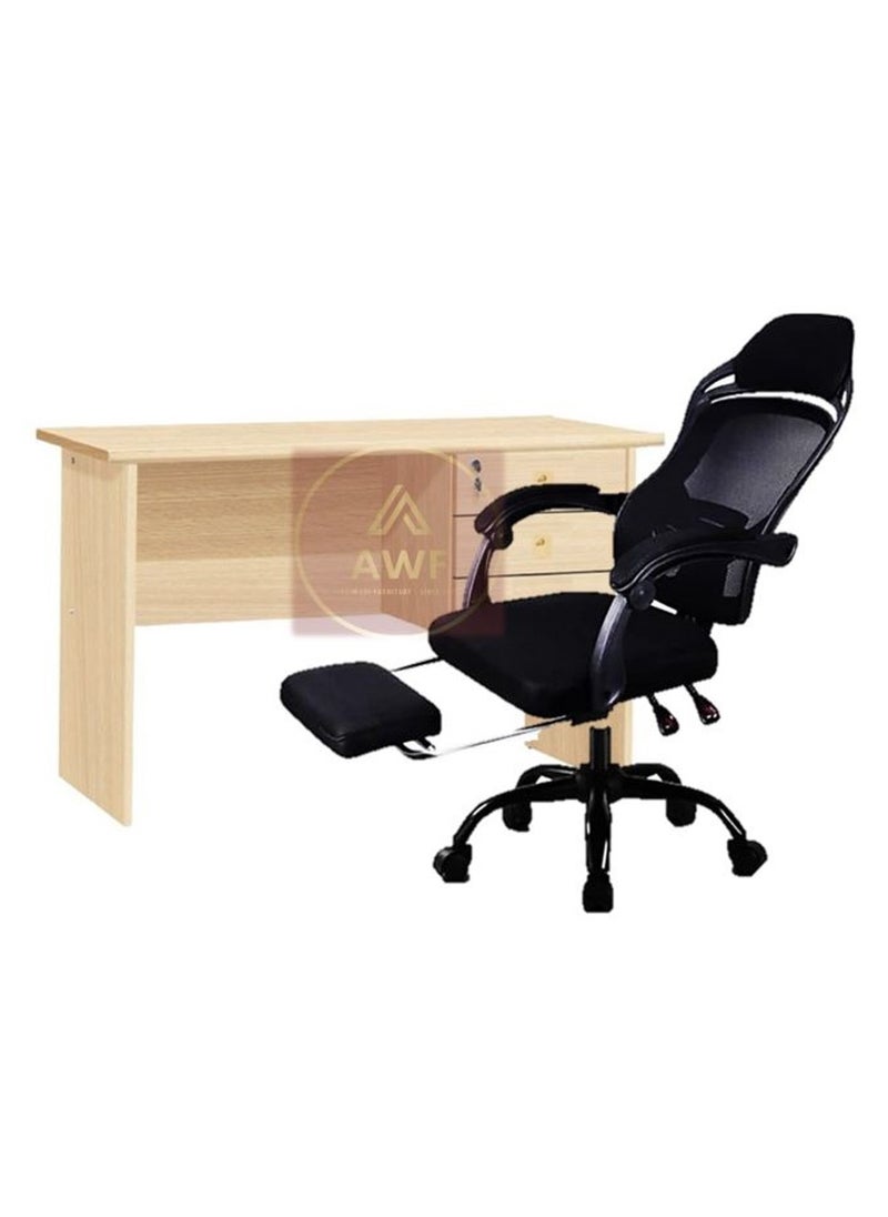 AL WADI FURNITURE - AL WADI FURNITURE Compact Lockable Beech Color Office Table with Relaxing Comfortable Reclining Height and Back Adjustable Ergonomic Mesh Back Office Chair with Footrest Black - Image 1