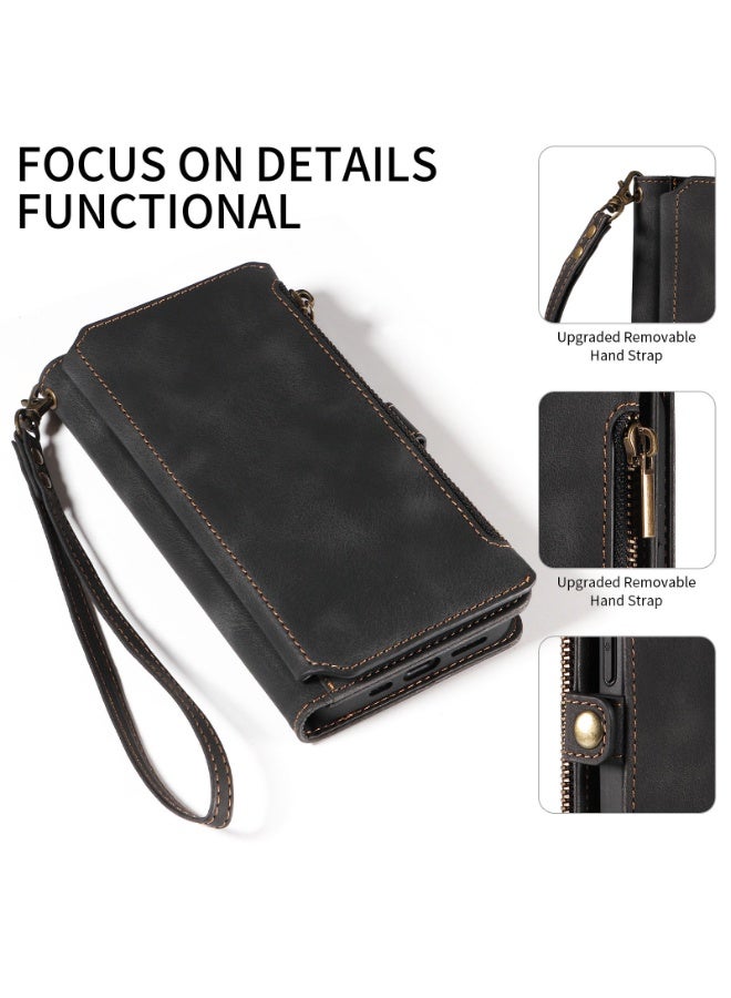 For Samsung Galaxy S25 Ultra Wallet Case, Zipper Purse Folio Leather Wallet with Card Holder Wrist Strap, 2-in-1 Detachable Magnetic Shockproof Full Body Protective Back Cover - Image 3