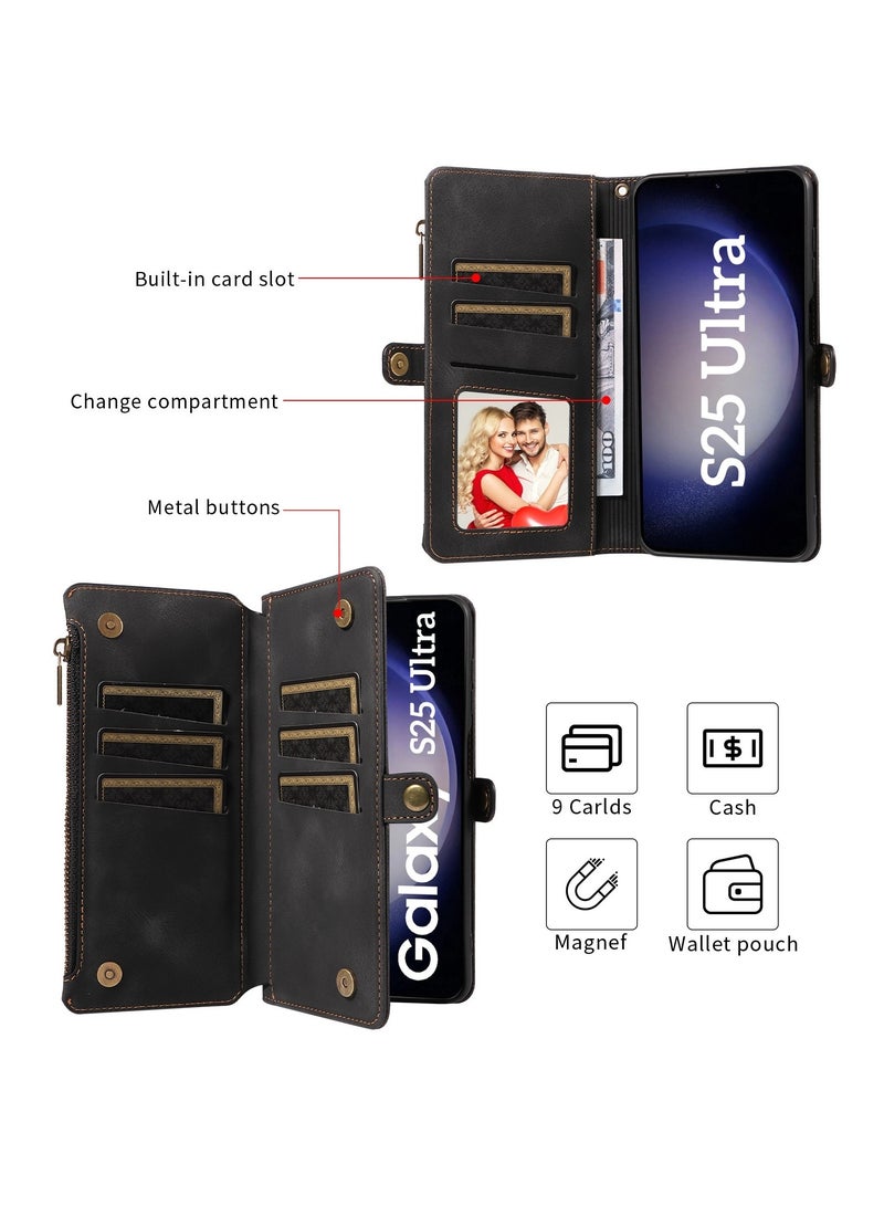 For Samsung Galaxy S25 Ultra Wallet Case, Zipper Purse Folio Leather Wallet with Card Holder Wrist Strap, 2-in-1 Detachable Magnetic Shockproof Full Body Protective Back Cover - Image 4