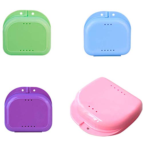 DNHCLL Pack of 4 Dentures Container False Tooth Locator with Air Vent Holes Retainer Case Mouth Guard Case Orthodontic Denture Storage Container Carabiner Hook Portable and Easy To Travel