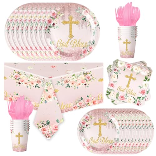Ou Rui 81Pcs Pink God Bless Party Tableware Set Pink First Communion Theme Decoration Newborn Baptism Church Birthday Party Supplies - Image 1