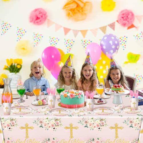Ou Rui 81Pcs Pink God Bless Party Tableware Set Pink First Communion Theme Decoration Newborn Baptism Church Birthday Party Supplies - Image 5