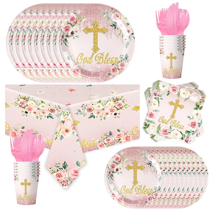 Ou Rui 81Pcs Pink God Bless Party Tableware Set Pink First Communion Theme Decoration Newborn Baptism Church Birthday Party Supplies - Image 3