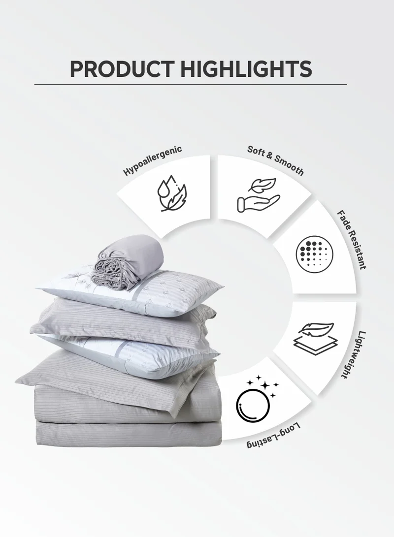 Donetella Duvet Set 4-Pcs Single Size Striped Microfiber Bed Set  With 1 Duvet Cover(160 x 220 CM) 1 Fitted Sheet 1 PillowSham And 1 Pillowcases(Without Filler),Silver Grey