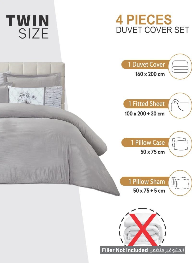 Donetella Duvet Set 4-Pcs Single Size Striped Microfiber Bed Set With 1 Duvet Cover Fits 100x200cm, 1 Fitted Sheet 1 Pillow Sham And 1 Pillowcase(Without Filler),Silver Grey