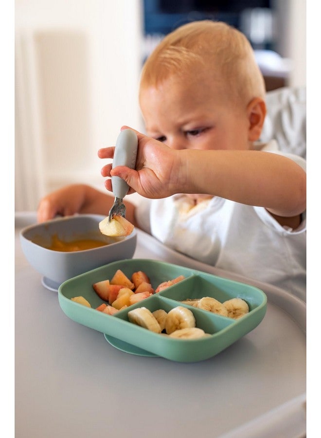 بيابا مجموعة من 2 من أدوات المائدة المصنوعة من الفولاذ المقاوم للصدأ للأطفال الصغار مع أدوات من السيليكون، ملعقة وشوكة فضية للأطفال الصغار، لون أخضر - Image 5