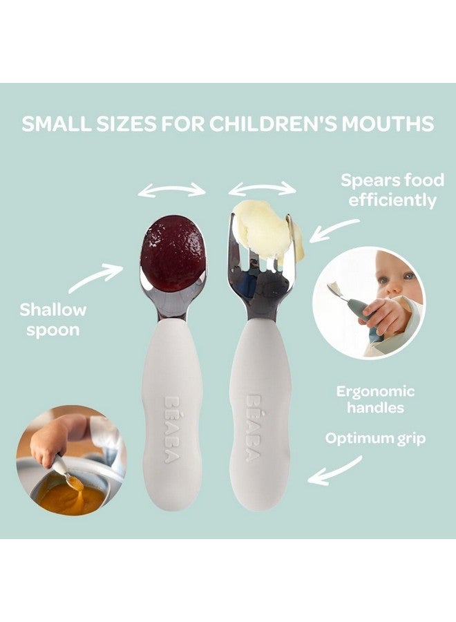 بيابا مجموعة من 2 من أدوات المائدة المصنوعة من الفولاذ المقاوم للصدأ للأطفال الصغار مع أدوات من السيليكون، ملعقة وشوكة فضية للأطفال الصغار، لون أخضر - Image 4