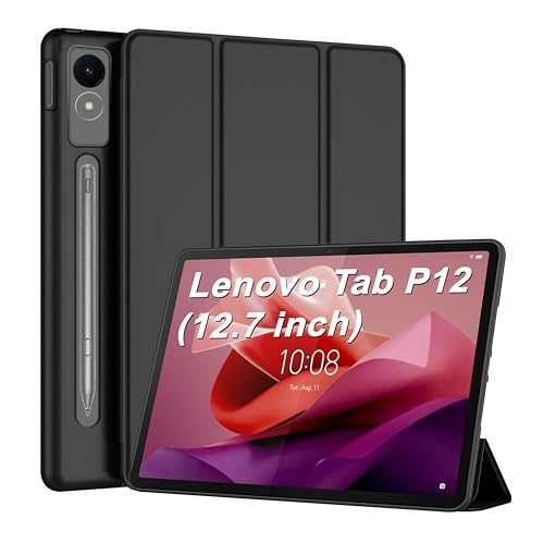 CEDO Tri-Fold for Lenovo Tab P12 (12.7 in) Smart Case Flip Cover with Multi Viewing Angles Stand | Leather Finish | Heat Dissipation | TPU Backcover (Black) - Image 1